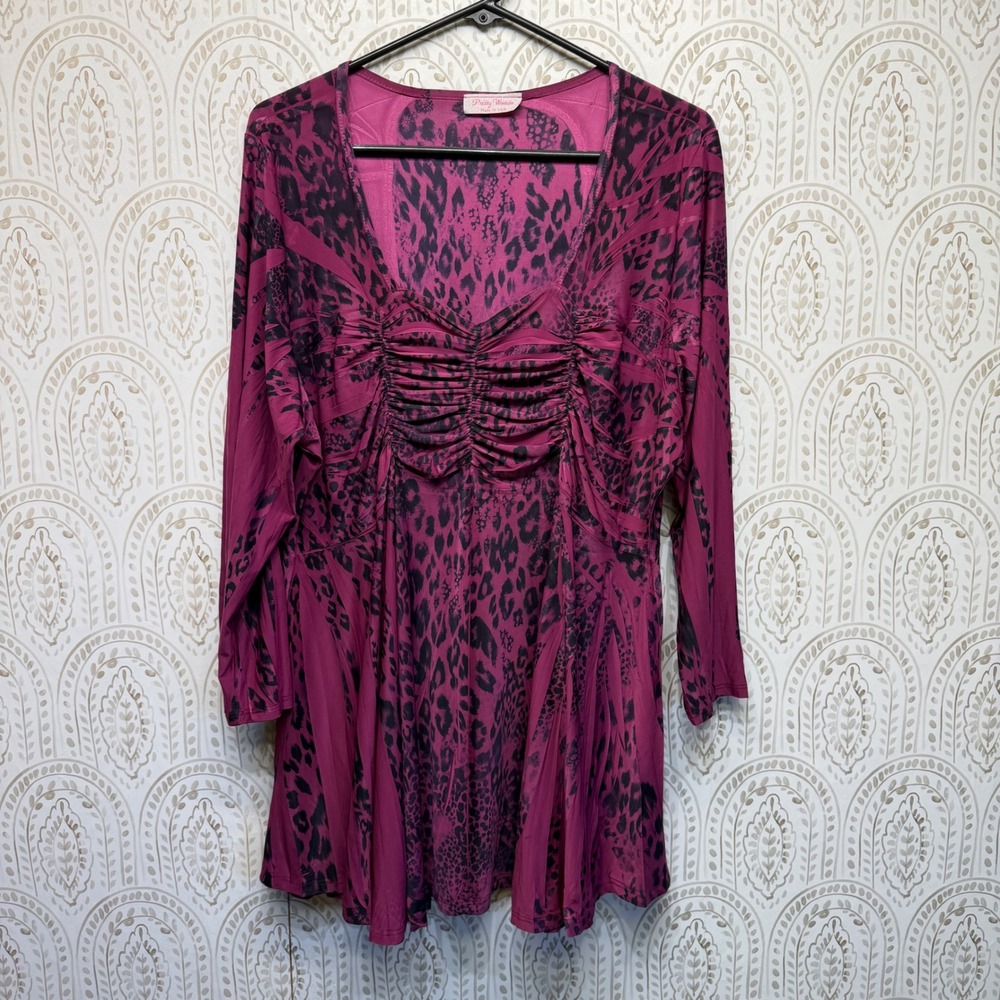 Pretty Woman Tunic Top Womens 2XL Magenta Leopard Animal Print Ruched V-Neck